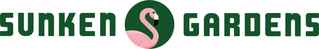 Logo for Sunken Gardens with a flamingo between the two words