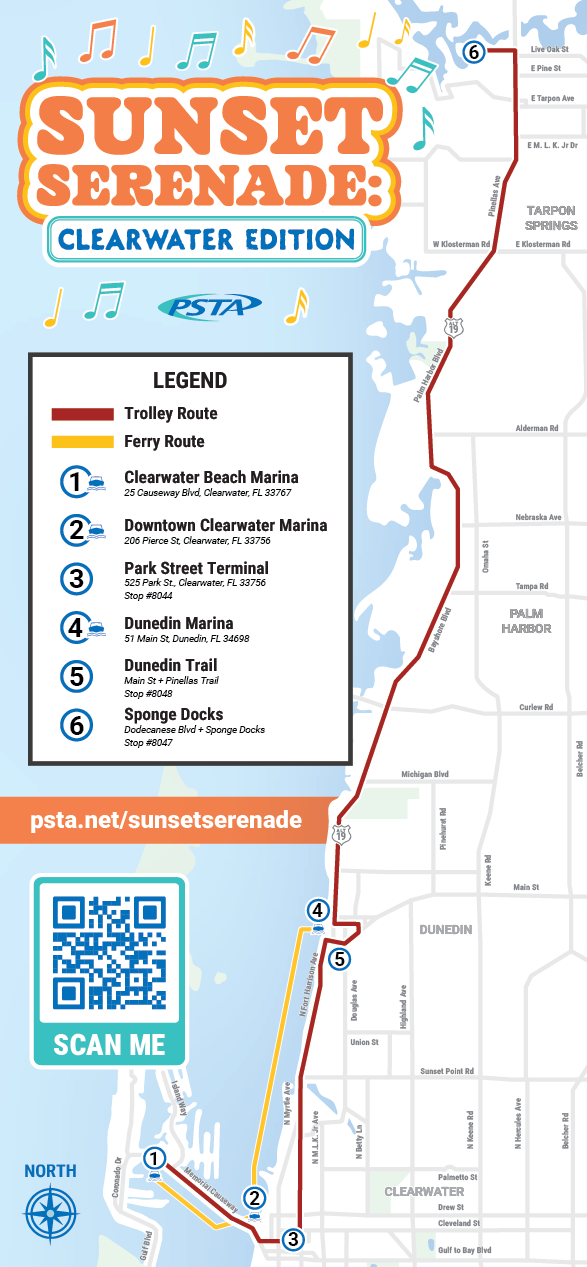 A Sunset Serenade map showing the ferry route and trolley routes, with six different locations to board for live music