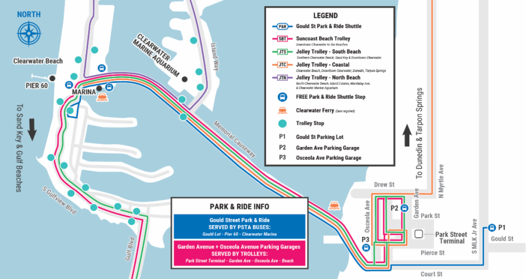 A map showing spring break park and ride lots, trolley routes, and clearwater ferry information.