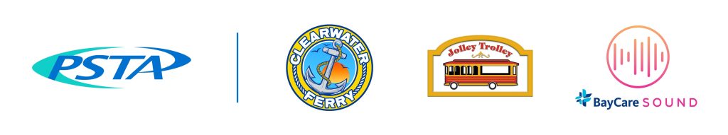 Logos for PSTA, Clearwater Ferry, Jolley Trolley, and BayCare Sound