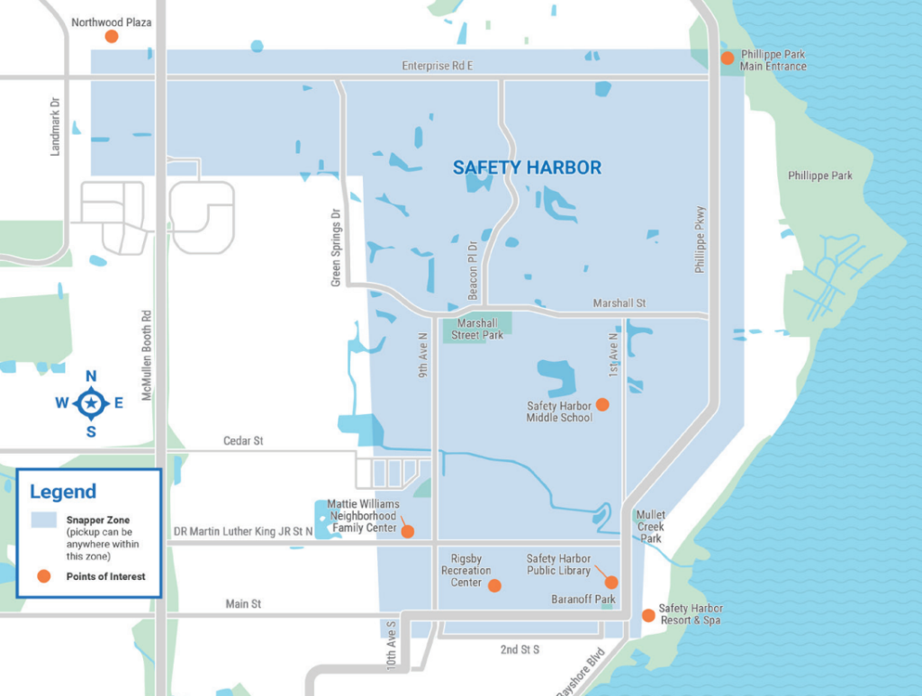 A graphic showing a shaded area that represents Snapper Safety Harbor's service area.