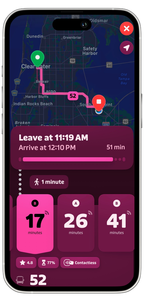 A phone showing transit app's step-by-step instructions on getting from Park Street Terminal to PSTA headquarters.