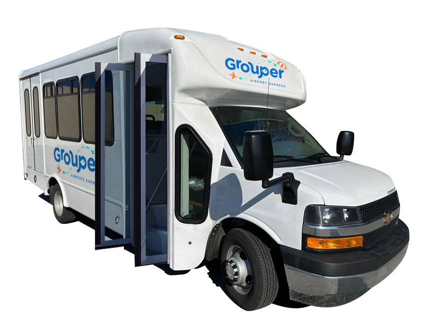 A photo of a Grouper Airport Express cutaway bus.