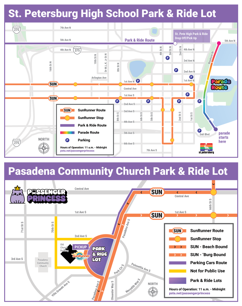 Two maps showing the Park & Ride lots and routing for St. Petersburg High School and Pasadena Community Church.