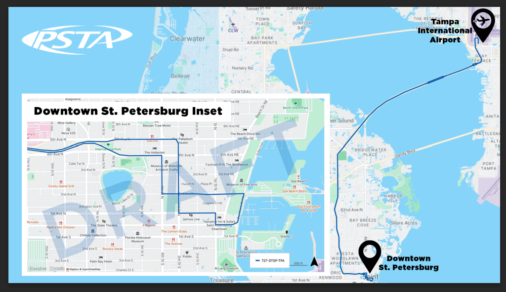 A map of the 727 service replacing route 100, going from downtown St. Pete to Tampa International Airport.
