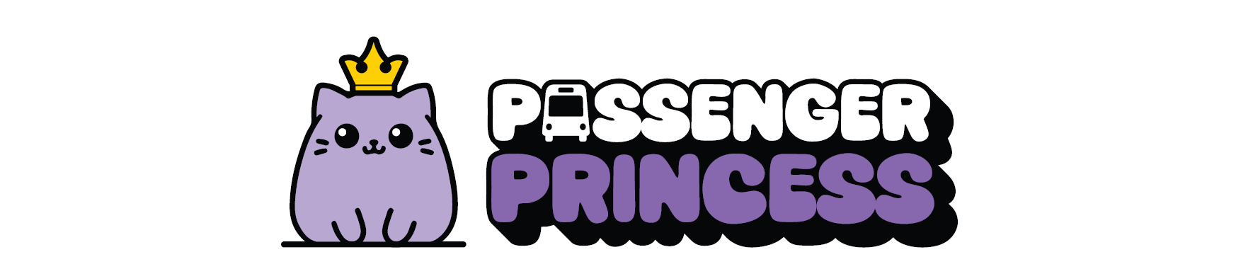 A logo with a purple cat wearing a crown and the words Passenger Princess